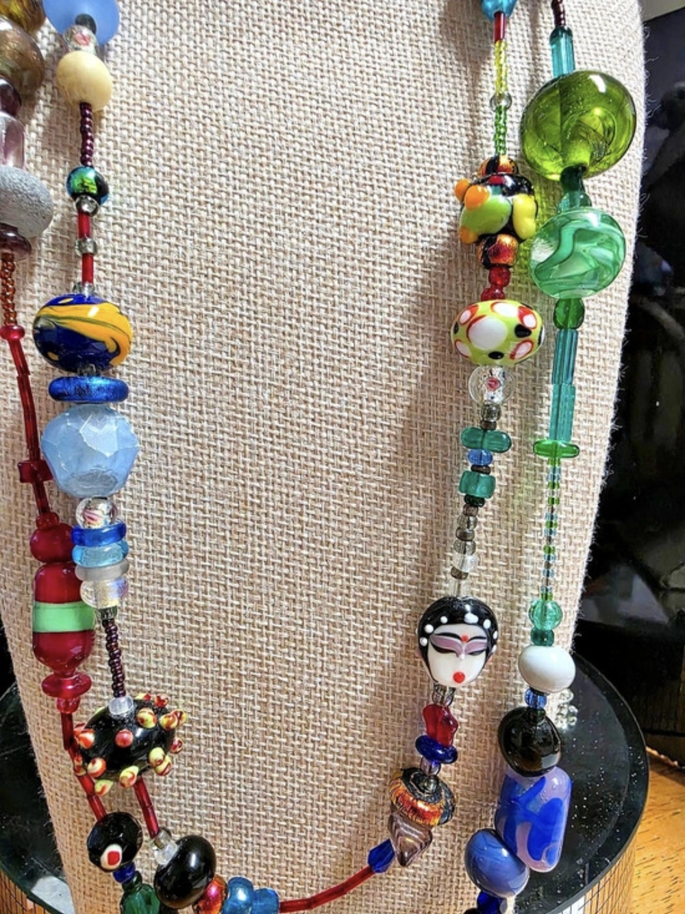 Vintage Artisan Lampwork Glass Bead Figural Geisha Millefiori Statement Necklace